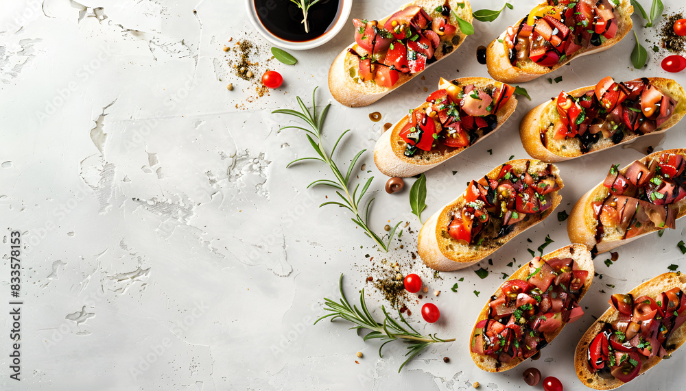 Delicious bruschettas with balsamic vinegar and toppings on light textured table, flat lay Delicious bruschettas with balsamic vinegar and toppings on light textured table, flat lay