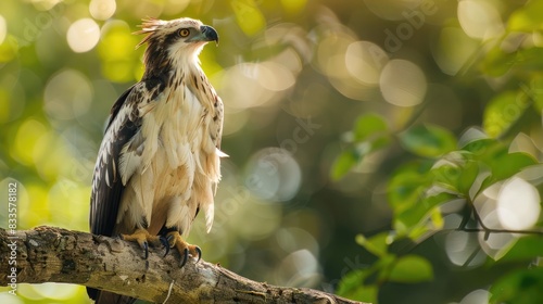 Magnificent Philippine eagle resting on a lofty tree perch. Red Book animal photo