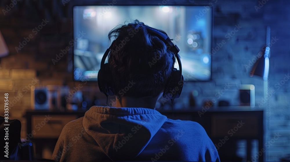 View from behind. Online streamer playing FPS shooter game at home View from behind. Online streamer playing FPS shooter game at home