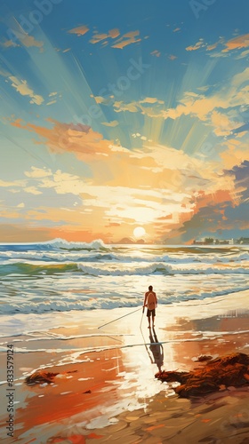 Leisure moments on sandy shores, surfers riding waves, dynamic beach life, advanced tone, Complementary Color Scheme