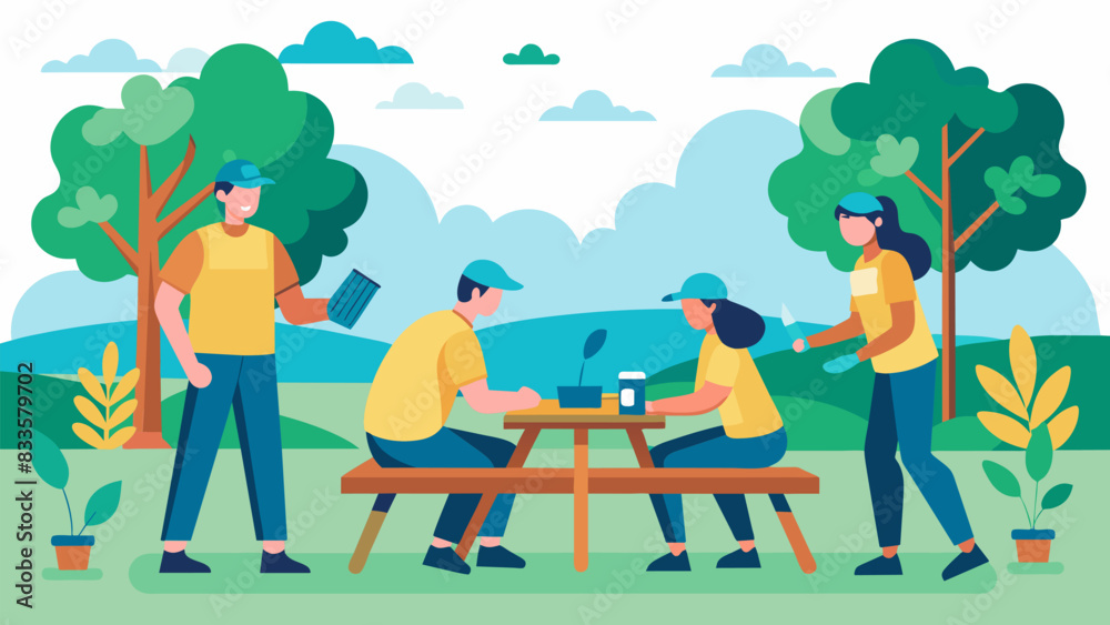 Fototapeta premium A team of volunteers installing new benches and picnic tables in the neighborhood park creating a welcoming and inviting outdoor space for everyone to. Vector illustration