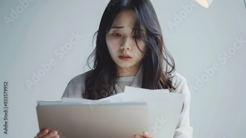 Portrait of tired young business asian woman work with documents tax laptop computer in office. sad, unhappy, worried, depression, or employee life stress concept isolated on white background, detaile photo