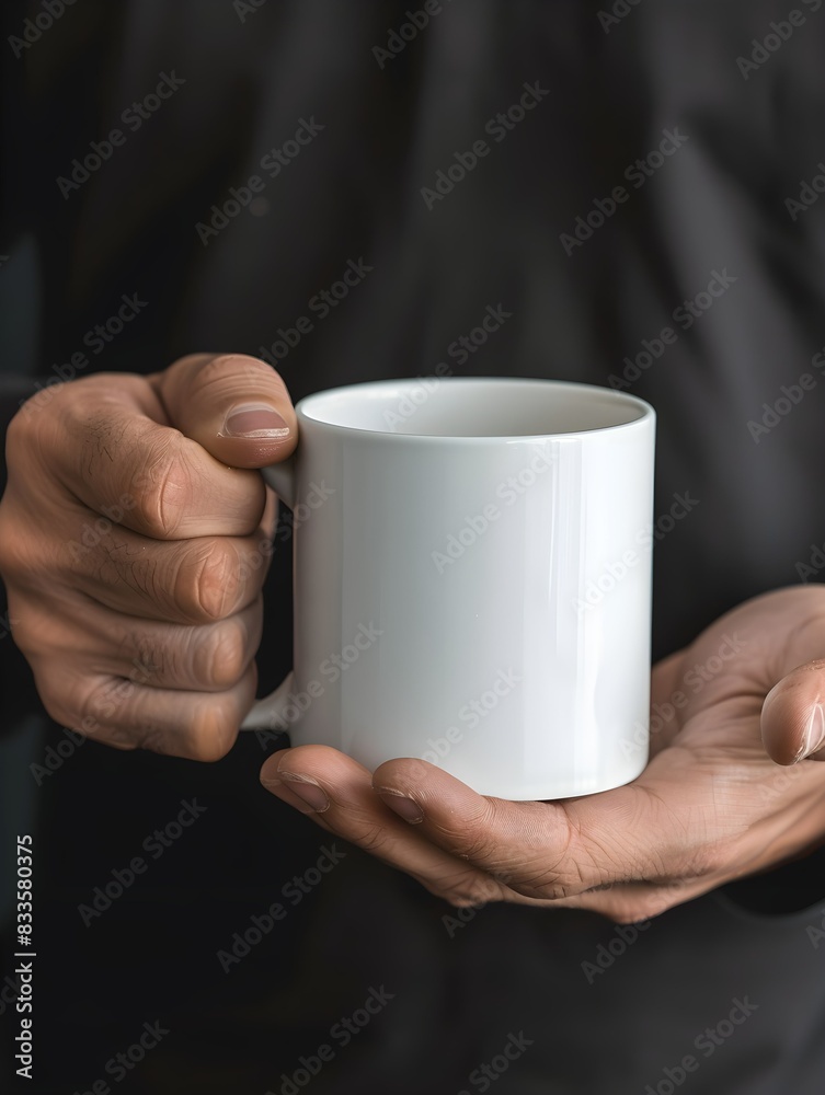 Man holding white mug in his hands. close up mockup Man holding white mug in his hands. close up mockup