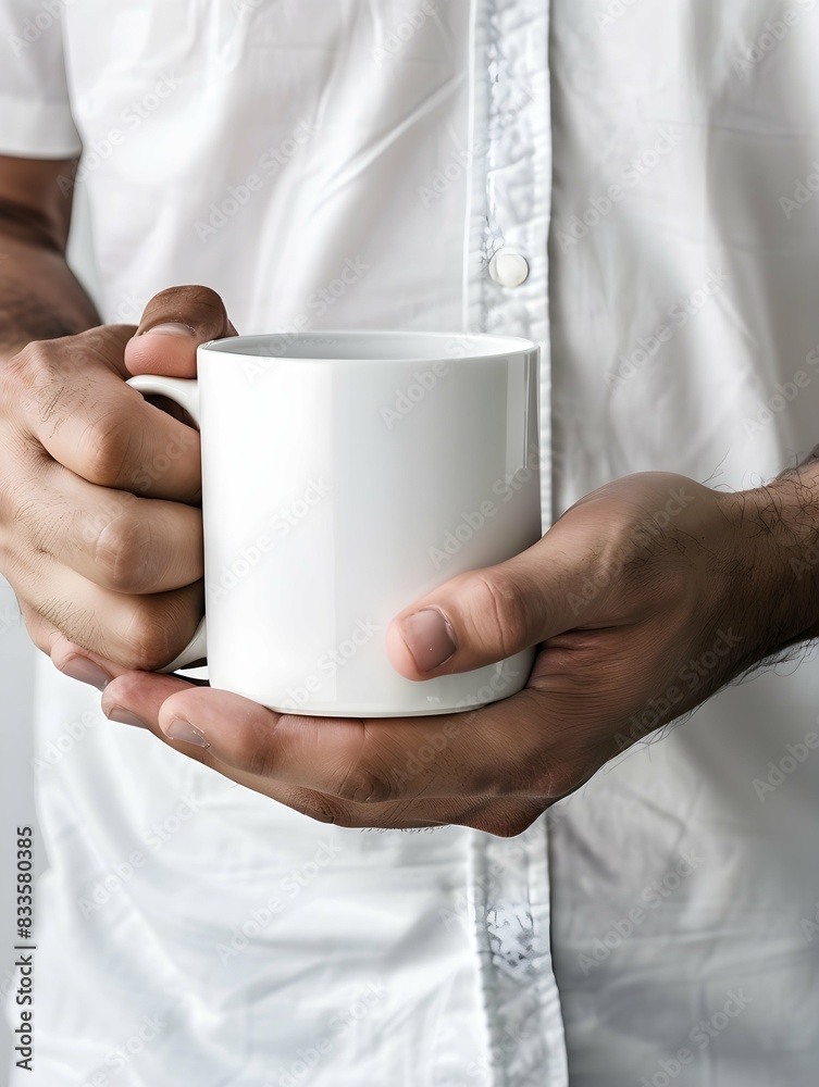 Man holding white mug in his hands. close up mockup Man holding white mug in his hands. close up mockup