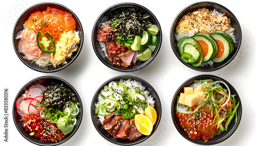 Set of different poke bowls isolated on white, top view