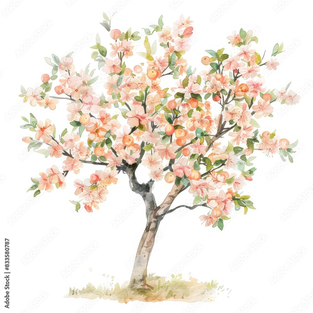 Fototapeta premium The watercolor painting of a peach tree in full bloom