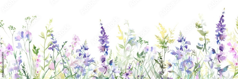 Watercolor drawing of a meadow with wildflowers and grass. Watercolor drawing of a meadow with wildflowers and grass.