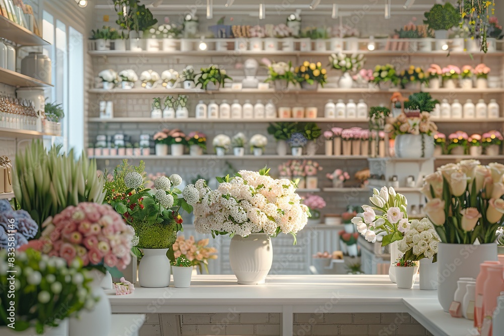 A light flower shop. counters with fresh flowers in vases. flower delivery, interior, wedding
