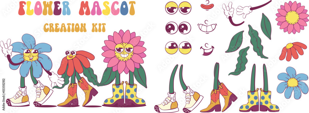 Retro groovy flower mascot creation kit Retro groovy flower mascot creation kit