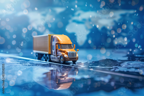 A large yellow toy truck with a container drives across the world map wile snow falling. Freight, logistics and travel concept photo