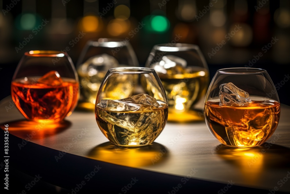 Three glasses of fine spirits with ice on a bar counter, glowing under soft, ambient light Three glasses of fine spirits with ice on a bar counter, glowing under soft, ambient light