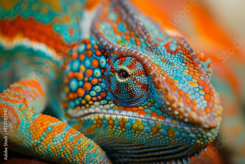 This detailed image captures the vibrant colors and patterns of a chameleon's scales, focusing on its eye and skin texture photo