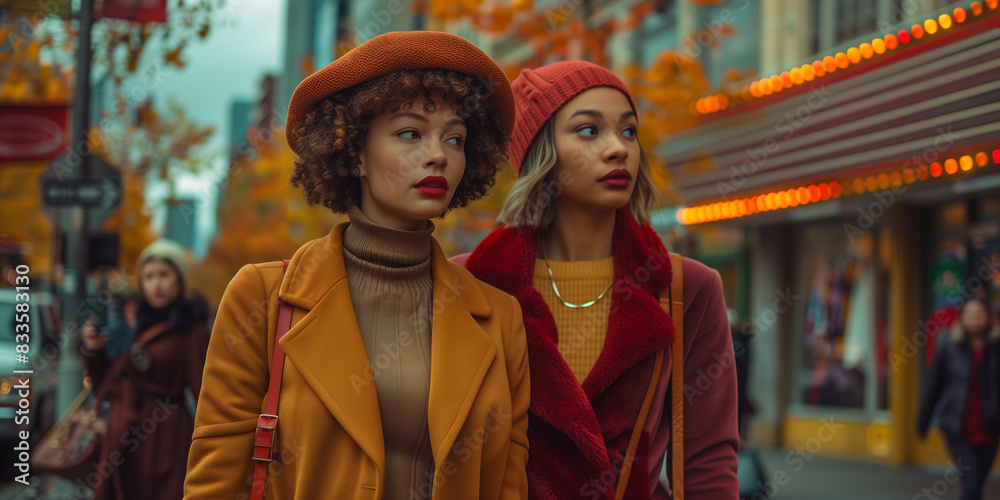 Obraz premium Two woman walk side by side on a city street, showcasing autumn fashion with vibrant fall colors around them, reflecting themes of fashion, seasonality, and urban life