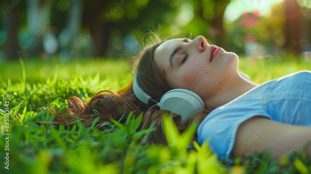 The woman enjoying music The woman enjoying music