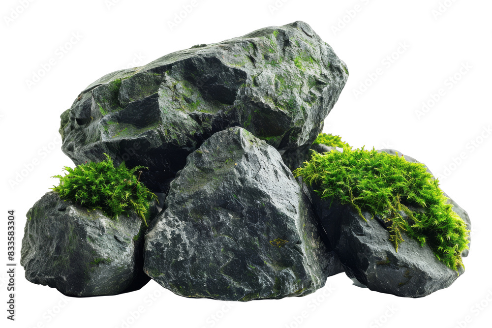 [Transparent Background PNG]Black rocks with green moss isolated on transparent background