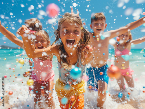 happy children having fun in water