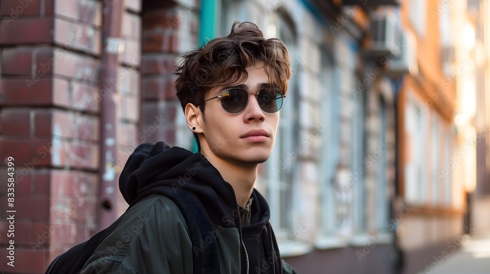 Cool young man in sunglasses and black hoodie standing on urban street with relaxed confident expression, Copy Space