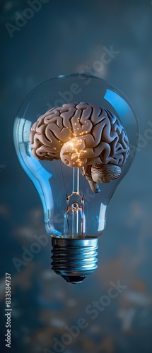 Bright brain motif inside a clear light bulb, 3D effect on soft indigo hue, reflecting intellectual spark photo