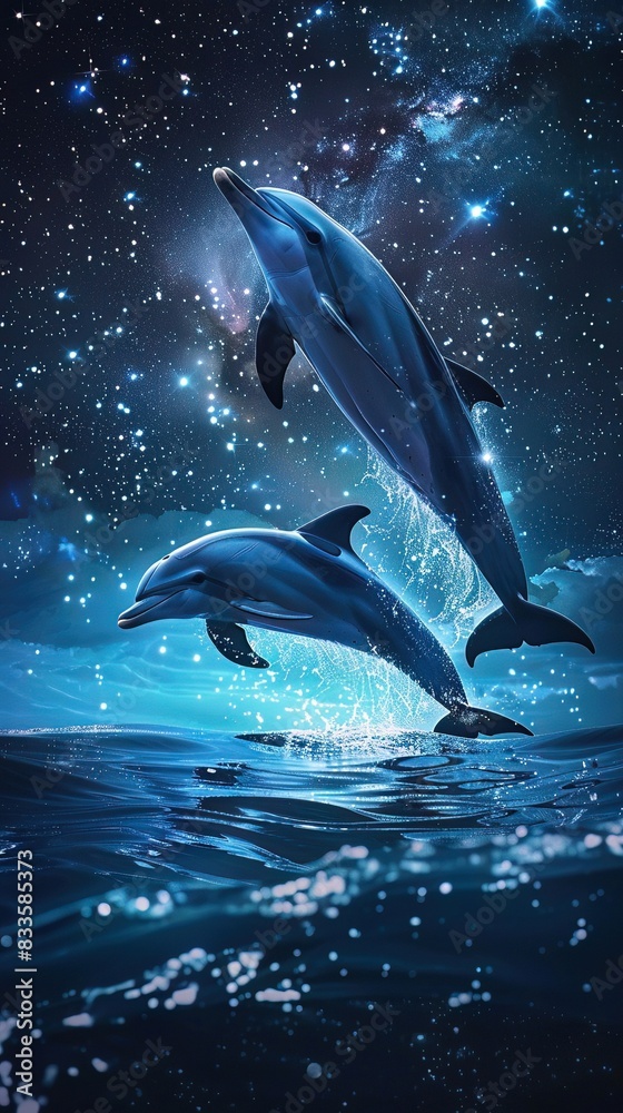 Obraz premium Dolphins dance in the sky, stars reflecting in their skin, blending night with ocean on National Dolphin Day