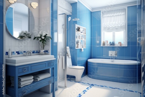 Elegant bathroom with blue tiles  contemporary fixtures  and sleek design elements