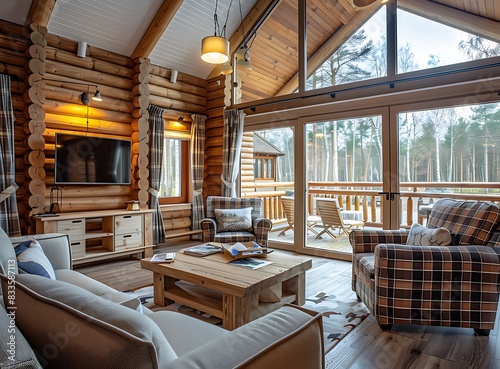 A photo of the interior of an elegant  luxury log cabin living room with large windows and wooden walls