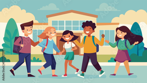 A group of friends reunited after a summer apart chatter excitedly as they walk towards their new classroom on the first day of school.. Vector illustration