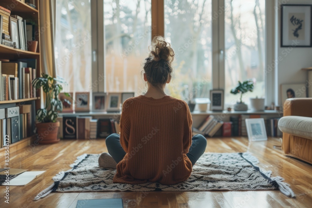 A woman sits on a rug in a living room with a bookcase behind her