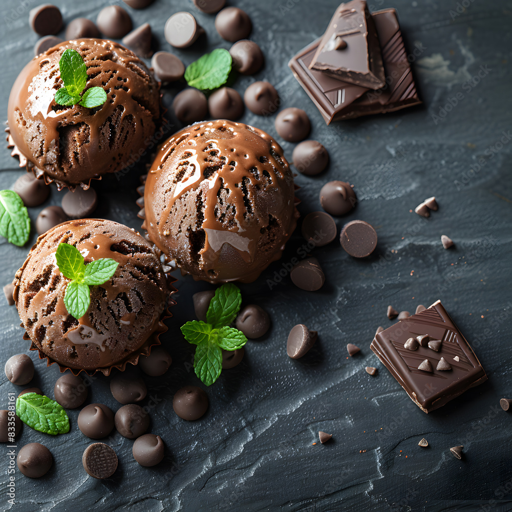 Chocolate Ice Cream Balls with Mint Leaves and Chocolate Chips on Black Background
Chocolate Ice Cream Balls with Mint Leaves and Chocolate Chips on Black Background
