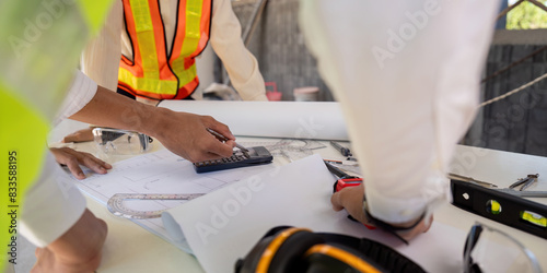 Engineer working on blueprint at construction site, detail of hands and tools. colleagues discussion concept
