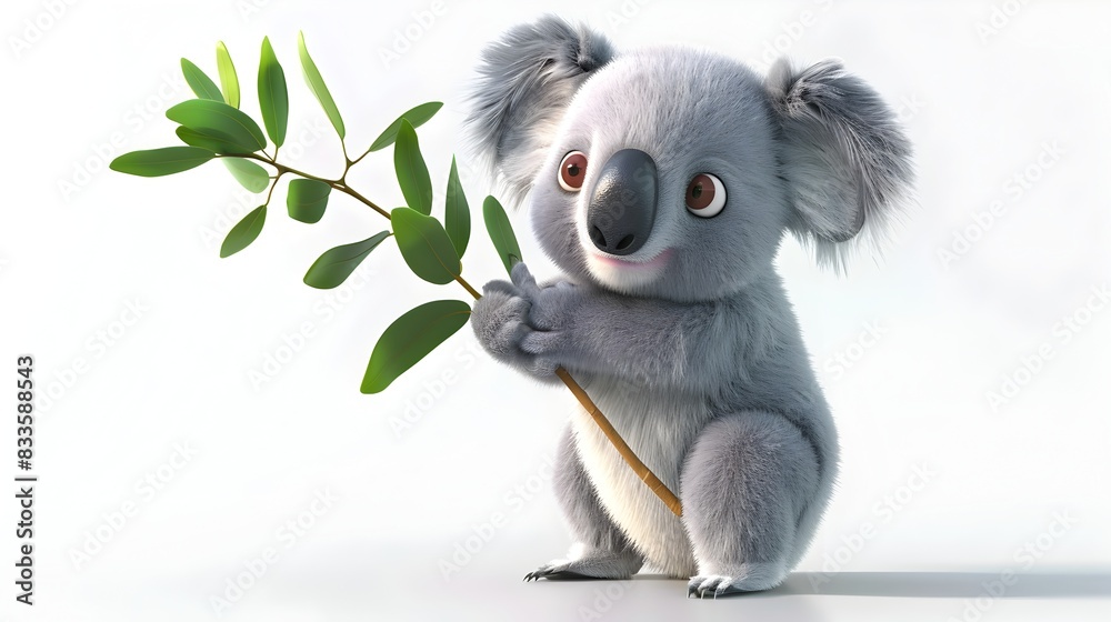 Obraz premium Chubby Baby Koala Hugging Eucalyptus Branch in 3D
