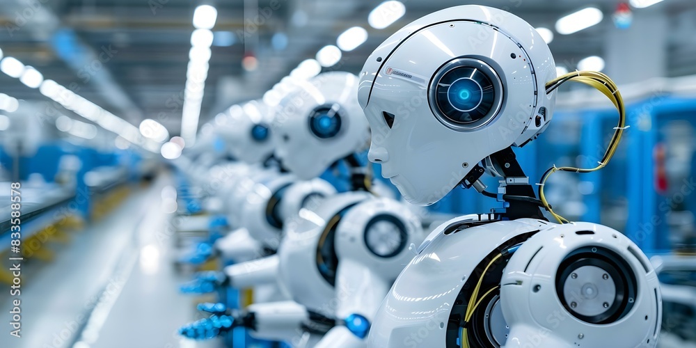 Human robots work together in factory to produce products efficiently. Concept Robotics, Industrial Automation, Manufacturing Efficiency, Collaboration, Human-Robot Interaction Human robots work together in factory to produce products efficiently. Concept Robotics, Industrial Automation, Manufacturing Efficiency, Collaboration, Human-Robot Interaction