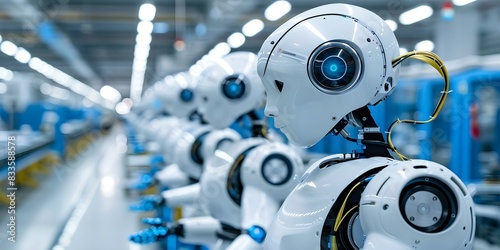 Human robots work together in factory to produce products efficiently. Concept Robotics, Industrial Automation, Manufacturing Efficiency, Collaboration, Human-Robot Interaction