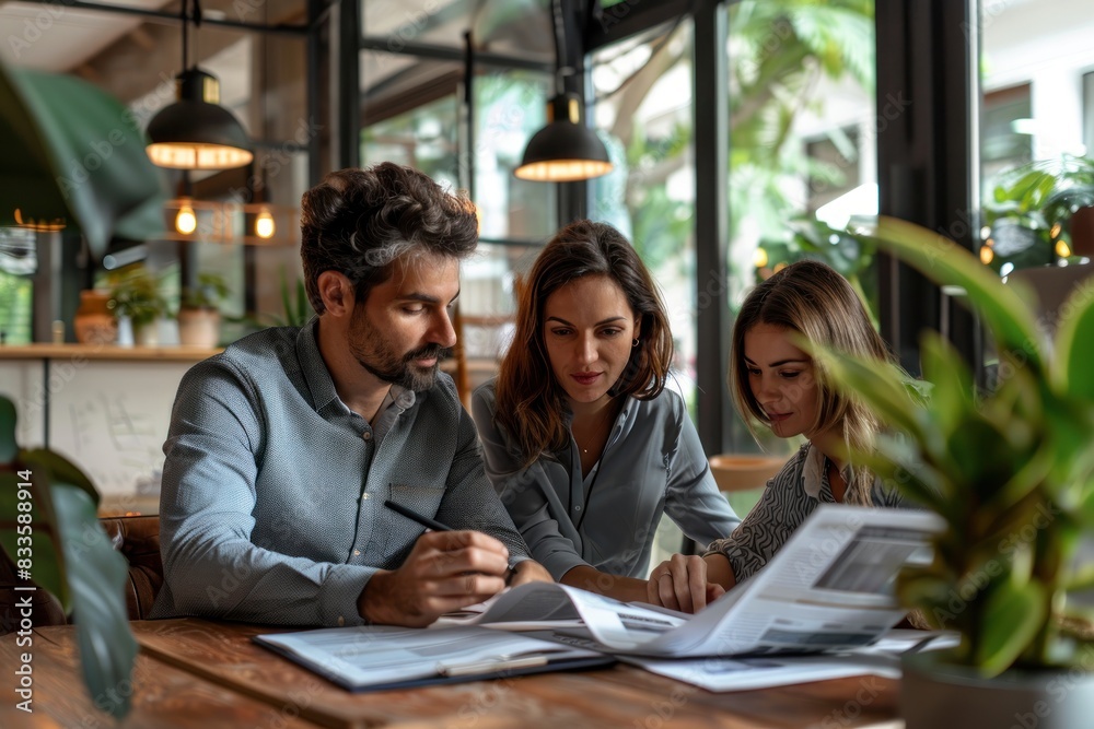 Three people are sitting at a table, looking at papers and writing Three people are sitting at a table, looking at papers and writing