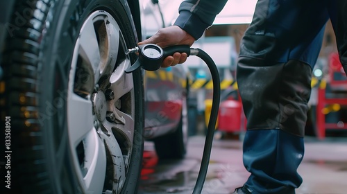 A mechanic inflating a car tire with a digital pressure gauge at a gas station.