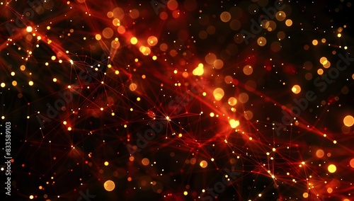 abstract background of glowing red lines and yellow dots forming an intricate network on black, in the style of a techinspired background, cinematic 
 photo