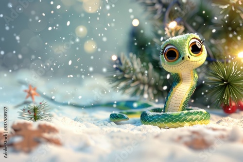 Festive Snake Toy Under Christmas Tree with Snowy Bokeh Background