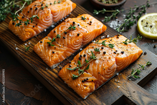 Fresh salmon fillet with lemon and herbs on a wooden board, top view, emphasizing freshness, advanced tone, vivid photo