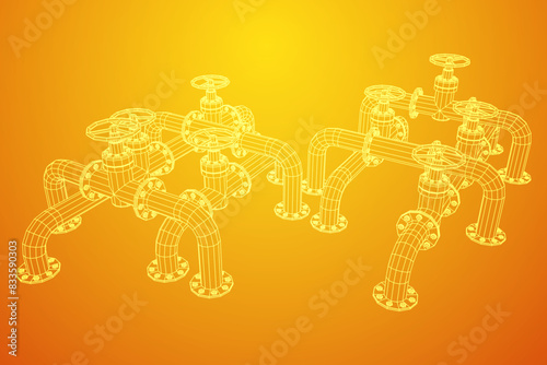 Oil pipeline with valve. Petrol production. Petroleum fuel industry transportation line. Wireframe low poly mesh vector illustration