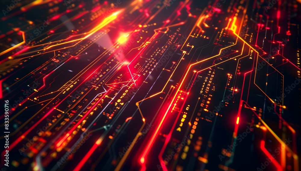 abstract glowing red and yellow lines on a black background with geometric shapes forming a network of city streets in the style of computer graphics
abstract glowing red and yellow lines on a black background with geometric shapes forming a network of city streets in the style of computer graphics