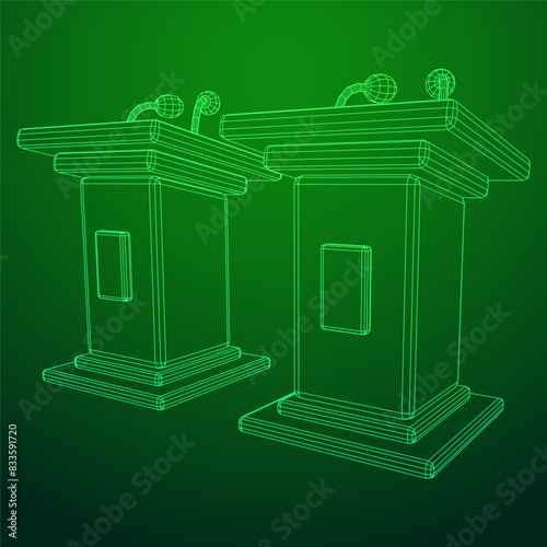 Speaker Podium Rostrum. Tribune Stand with Microphones. Debate, press conference concept. Wireframe low poly mesh vector illustration