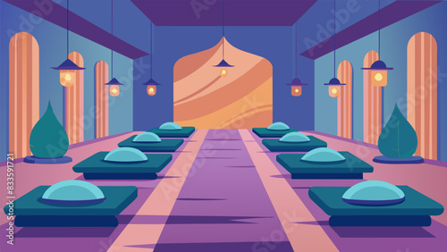 A meditation hall filled with cushions and soft lighting providing a tranquil atmosphere for participants to delve into their practice.. Vector illustration