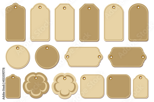 Set of empty beige, gift tags on an isolated background. Vector illustration.