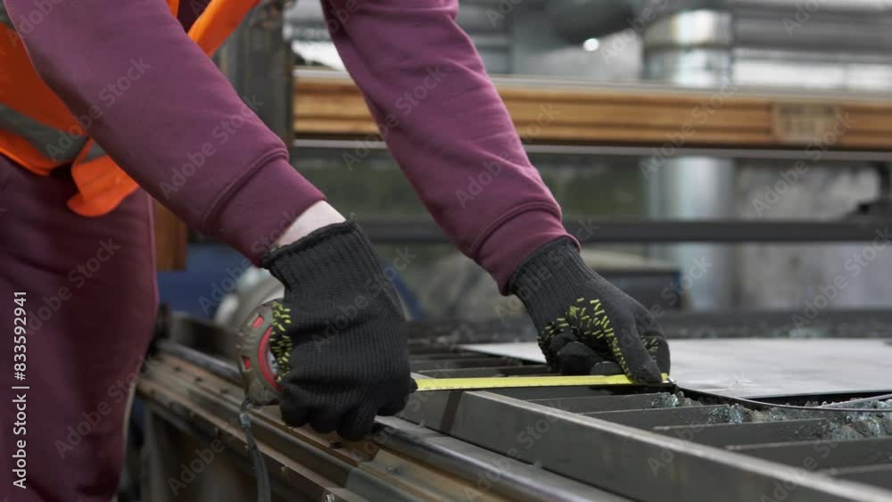 A heavy industry worker places a sheet of metal on the platform of a metal plasma cutting machine. Plasma cutting of metal on a CNC machine. Heavy industry for the production of metal structures. A heavy industry worker places a sheet of metal on the platform of a metal plasma cutting machine. Plasma cutting of metal on a CNC machine. Heavy industry for the production of metal structures.