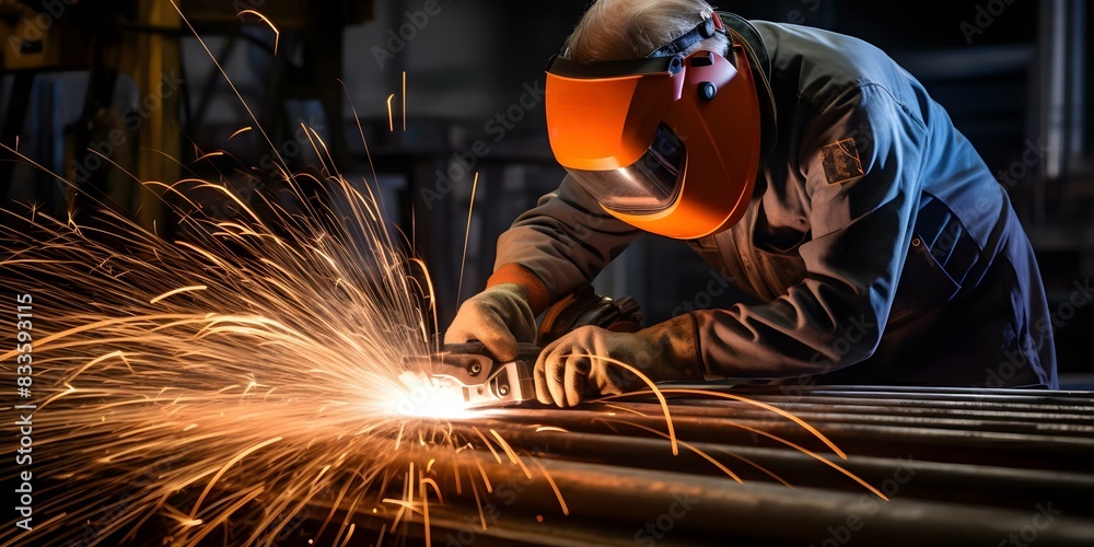 Person using angle grinder to cut metal with precision and skill. Concept Metal fabrication, Precision cutting, Skilled worker, Machinery operation, Industrial equipment Person using angle grinder to cut metal with precision and skill. Concept Metal fabrication, Precision cutting, Skilled worker, Machinery operation, Industrial equipment