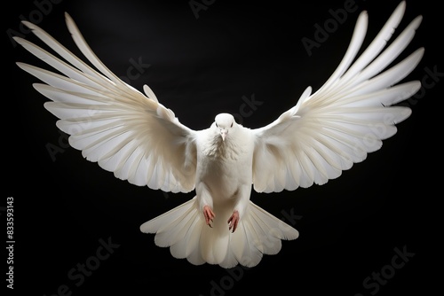 Graceful white dove spreading its wings wide against a stark black background