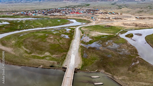 landscape of mountains  lakes and an unusual bend of rivers from the height of a drone flight in the southern regions of Altai in May