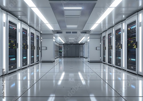 Modern Server Room Interior with Rows of Racks and Bright Lights