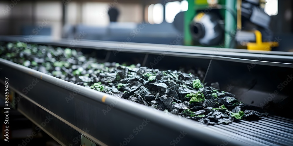 Conveyor belt in recycling plant moves garbage for recycling process. Concept Recycling plant, Waste management, Conveyor belt, Recycling process, Garbage recycling Conveyor belt in recycling plant moves garbage for recycling process. Concept Recycling plant, Waste management, Conveyor belt, Recycling process, Garbage recycling