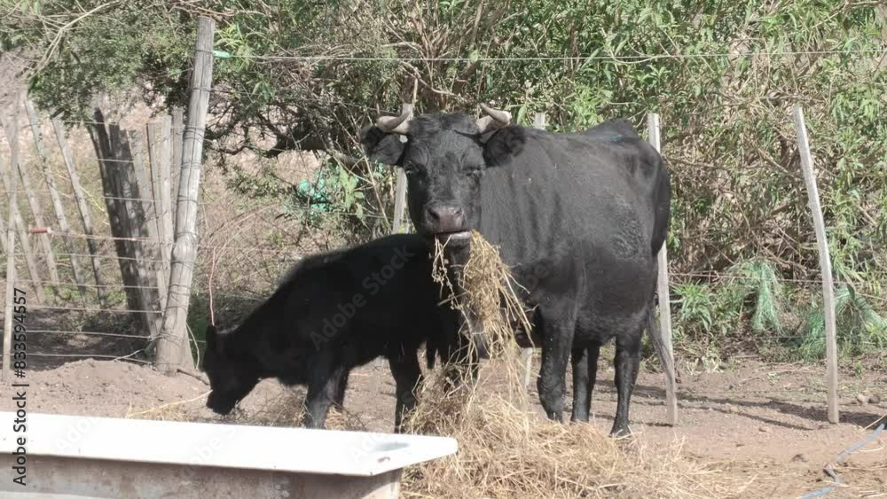 Black cow and calf in rural farm pen. Cow with her little son. Argentinian cows. Cattle. Cow ruminating. Black cow and calf in rural farm pen. Cow with her little son. Argentinian cows. Cattle. Cow ruminating.