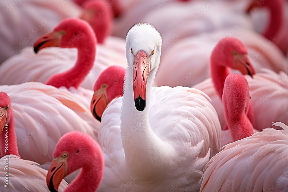 Naklejka premium A singular white flamingo stands out in a flock of pink ones, captured in detail